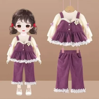 Girls Spring and Autumn Suit 2025 New Children’s Girl Clothes Casual Pants Three-piece Set Baby Princess Suspender Dress