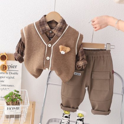 Children’s knitted sweater vest cardigan three-piece set boys and girls baby cartoon shirt set
